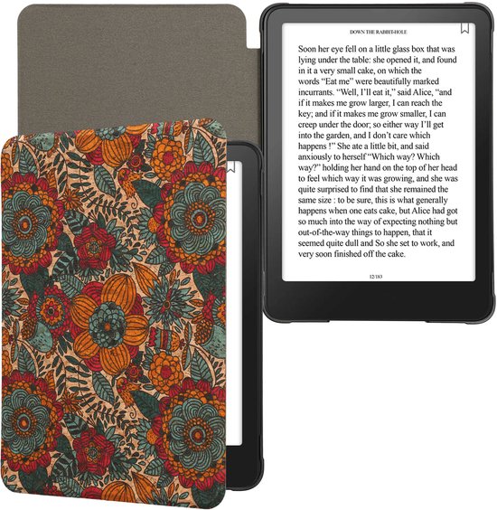kwmobile Cork Case Compatible with Amazon Kindle Paperwhite (2024)/Colorsoft - Book Style Protective e-Reader Flip Cover Folio Case - Summer Flowers Orange / Green / Red