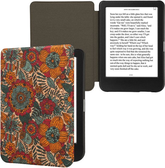 kwmobile Cork Case Compatible with Kobo Clara BW / Colour - Book Style Protective e-Reader Flip Cover Folio Case - Summer Flowers Orange / Green / Red van Merkloos