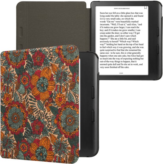 kwmobile Cork Case Compatible with Kobo Libra Colour - Book Style Protective e-Reader Flip Cover Folio Case - Summer Flowers Orange / Green / Red van Merkloos
