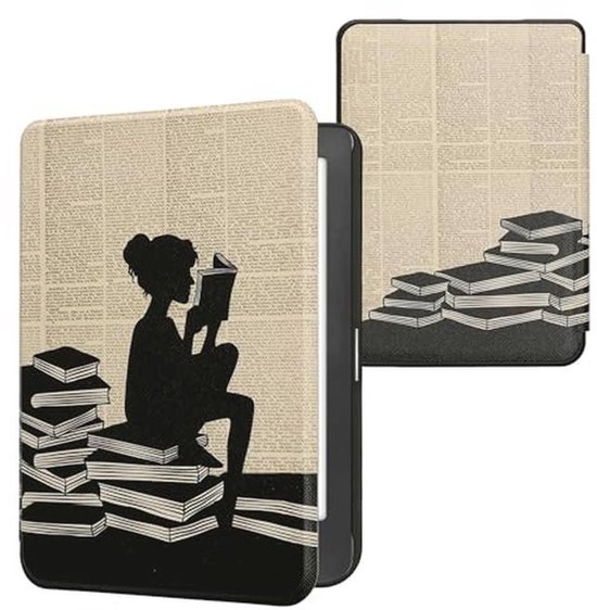 kwmobile e-reader case compatible with Kobo Clara HD - Magnetic closure - Ereader case - Girl with books in black/beige
