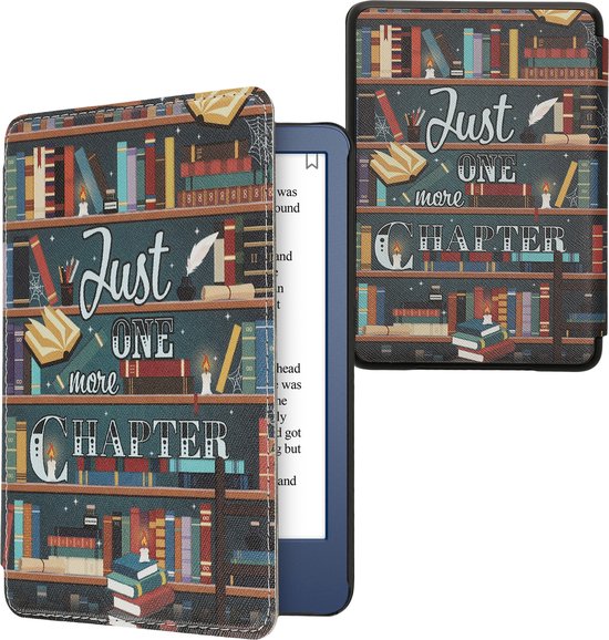 kwmobile e-reader hoesje geschikt voor Amazon Kindle (2022/2024) hoes - E reader flip case met magnetische sluiting - Ereader cover - bibliotheek design in meerkleurig