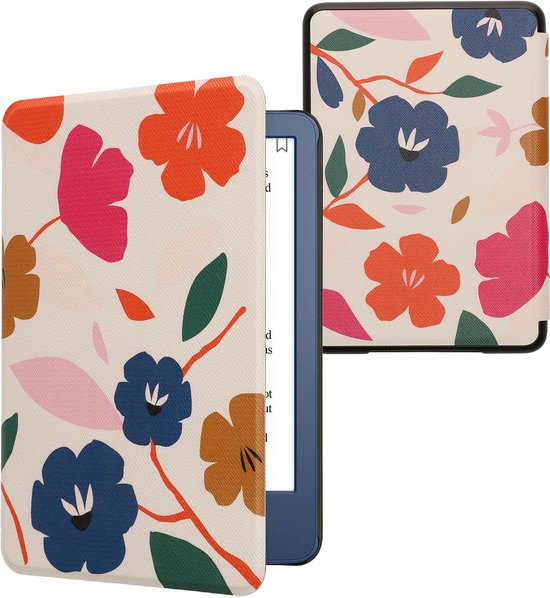 kwmobile e-reader hoesje geschikt voor Amazon Kindle (2022/2024) hoes - E reader flip case met magnetische sluiting - Ereader cover - Bonte bloemen design in roze / donkerblauw / crème