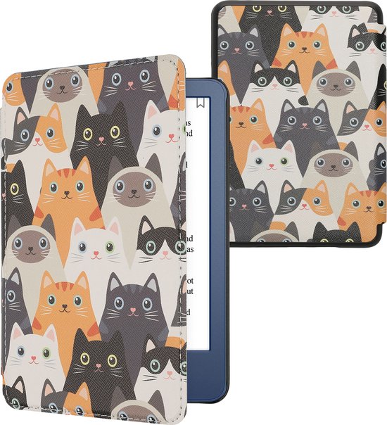 kwmobile e-reader hoesje geschikt voor Amazon Kindle (2022/2024) hoes - E reader flip case met magnetische sluiting - Ereader cover - Katten design in oranje / zwart / wit