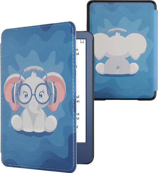 kwmobile e-reader hoesje geschikt voor Amazon Kindle (2022/2024) hoes - E reader flip case met magnetische sluiting - Ereader cover - Schattige olifant design in lichtblauw / donkerblauw / grijs
