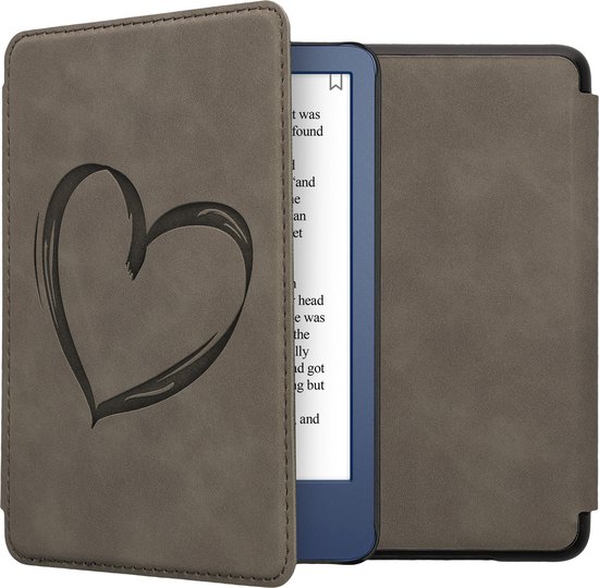 kwmobile e-reader hoesje geschikt voor Amazon Kindle (2022/2024) hoes - Ereader flip case met standaard - Kunstleren e reader cover - Brushed Hart design in grijs van Merkloos