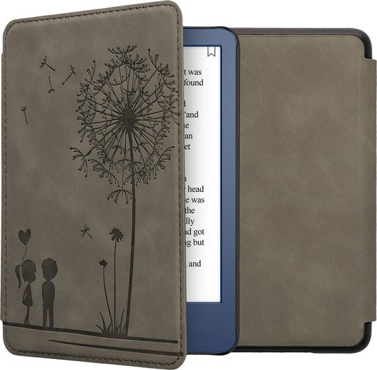 kwmobile e-reader hoesje geschikt voor Amazon Kindle (2022/2024) hoes - Ereader flip case met standaard - Kunstleren e reader cover - Paardenbloemen Liefde design in grijs
