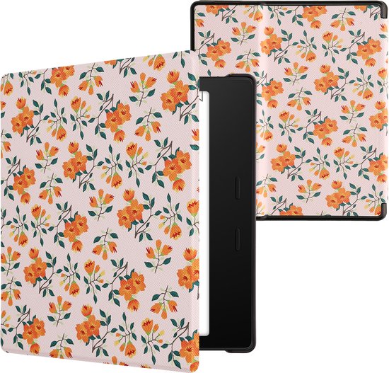 kwmobile e-reader hoesje geschikt voor Amazon Kindle Oasis 10. Generation hoes - E reader flip case met magnetische sluiting - Ereader cover - Gele bloemen design in geel / groen / beige van Merkloos