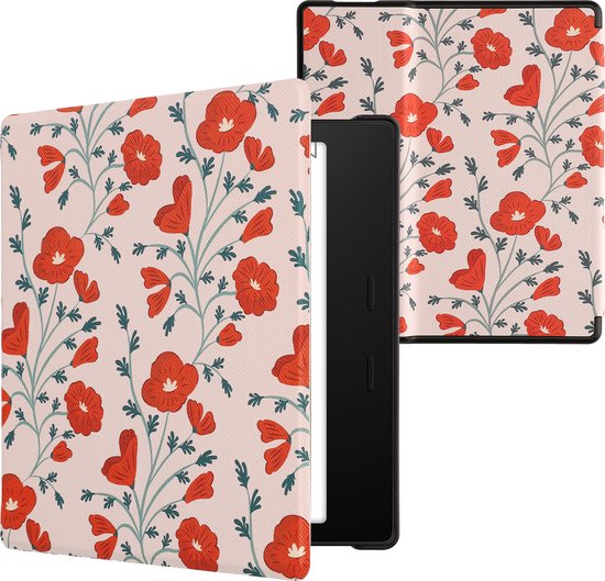 kwmobile e-reader hoesje geschikt voor Amazon Kindle Oasis 10. Generation hoes - E reader flip case met magnetische sluiting - Ereader cover - Klaprozen design in rood / groen / beige van Merkloos
