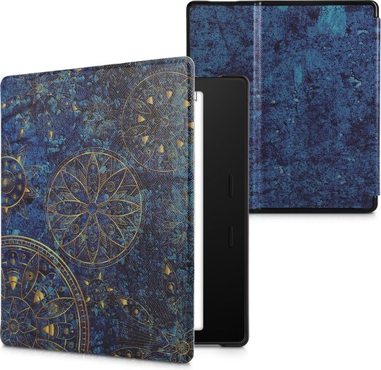 kwmobile e-reader hoesje geschikt voor Amazon Kindle Oasis 10. Generation hoes - E reader flip case met magnetische sluiting - Ereader cover - Mandala design in geel / donkerblauw van Merkloos