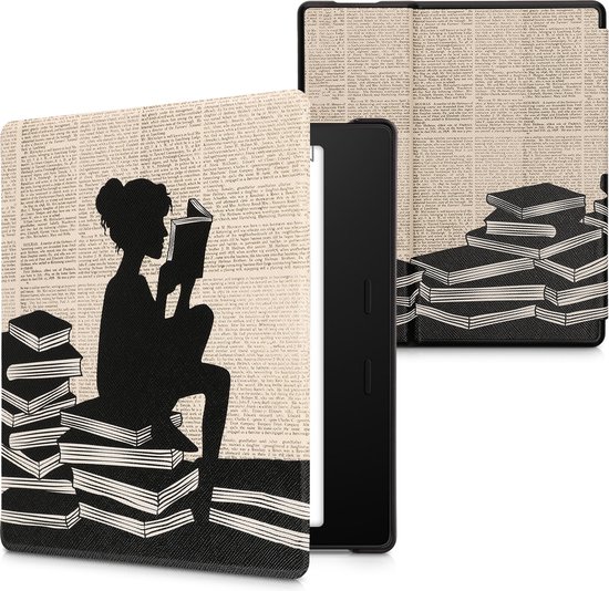 kwmobile e-reader hoesje geschikt voor Amazon Kindle Oasis 10. Generation hoes - E reader flip case met magnetische sluiting - Ereader cover - Meisje met boeken design in zwart / beige van Merkloos