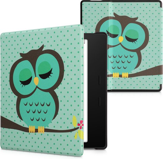 kwmobile e-reader hoesje geschikt voor Amazon Kindle Oasis 10. Generation hoes - E reader flip case met magnetische sluiting - Ereader cover - Slapende Uil design in turquoise / bruin / mintgroen van Merkloos