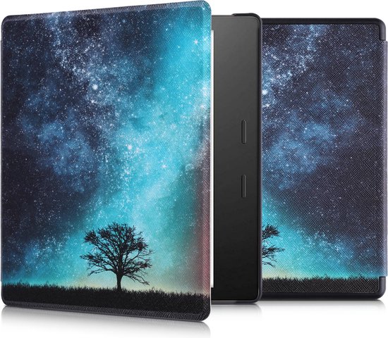 kwmobile e-reader hoesje geschikt voor Amazon Kindle Oasis 10. Generation hoes - E reader flip case met magnetische sluiting - Ereader cover - Sterrenstelsel en Boom design in blauw / grijs / zwart van Merkloos