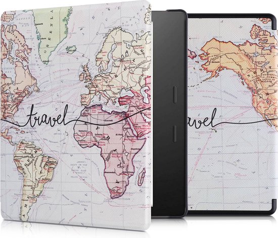kwmobile e-reader hoesje geschikt voor Amazon Kindle Oasis 10. Generation hoes - E reader flip case met magnetische sluiting - Ereader cover - Travel Wereldkaart design in zwart / meerkleurig van Merkloos