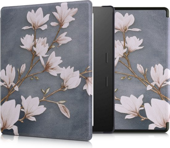 kwmobile e-reader hoesje geschikt voor Amazon Kindle Oasis 10. Generation hoes - E reader flip case met magnetische sluiting - Ereader cover - Zwart-witte bloemen design in wit / zwart van Merkloos