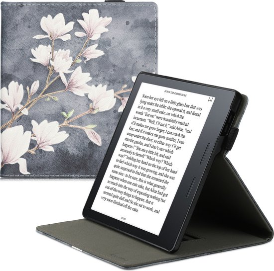 kwmobile e-reader hoesje geschikt voor Amazon Kindle Oasis 10. Generation hoes - Ereader flip case met standaard - Kunstleren e reader cover - Magnolia design in taupe / wit / blauwgrijs van Merkloos