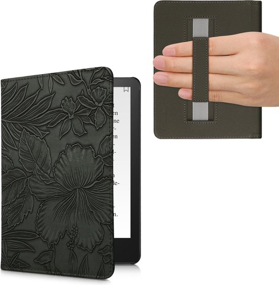 kwmobile e-reader hoesje geschikt voor Amazon Kindle Paperwhite 11. Generation 2021 hoes - E reader flip case met magneetsluiting - Ereader cover - Bloemen in reliëf design in groen