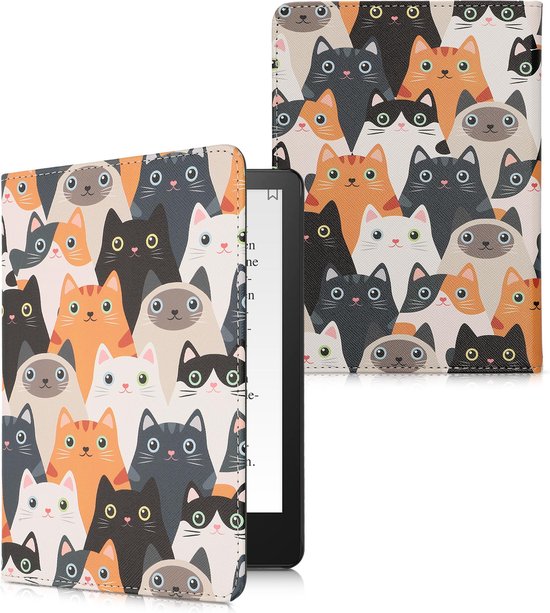 kwmobile e-reader hoesje geschikt voor Amazon Kindle Paperwhite 11. Generation 2021 hoes - E reader flip case met magneetsluiting - Ereader cover - Katten design in oranje / zwart / wit van Merkloos
