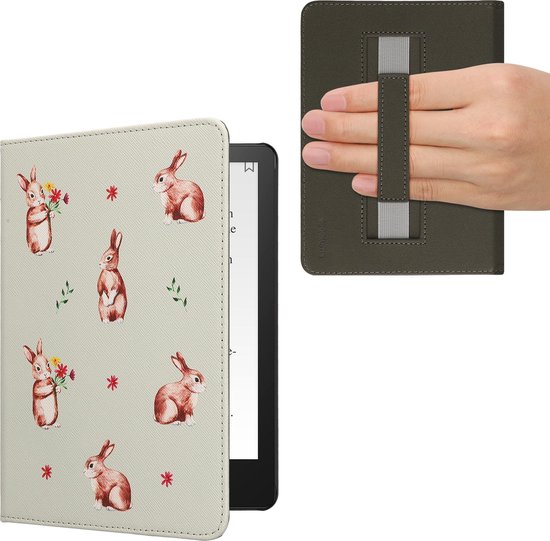 kwmobile e-reader hoesje geschikt voor Amazon Kindle Paperwhite 11. Generation 2021 hoes - E reader flip case met magneetsluiting - Ereader cover - Konijntjes en Bloemen design in wit / bruin / lichtroze van Merkloos