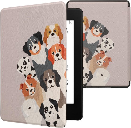 kwmobile e-reader hoesje geschikt voor Amazon Kindle Paperwhite 11. Generation 2021 hoes - E reader flip case met magnetische sluiting - Ereader cover - Grappige Honden design in bruin / wit / taupe van kwmobile