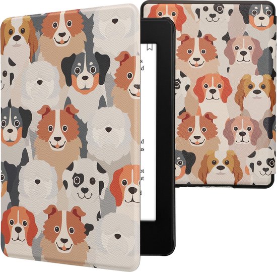 kwmobile e-reader hoesje geschikt voor Amazon Kindle Paperwhite 11. Generation 2021 hoes - E reader flip case met magnetische sluiting - Ereader cover - Honden Ontwerp design in wit / lichtbruin / grijs