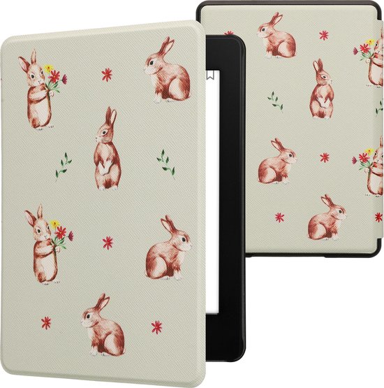 kwmobile e-reader hoesje geschikt voor Amazon Kindle Paperwhite 11. Generation 2021 hoes - E reader flip case met magnetische sluiting - Ereader cover - Konijntjes en Bloemen design in wit / bruin / grijsgroen