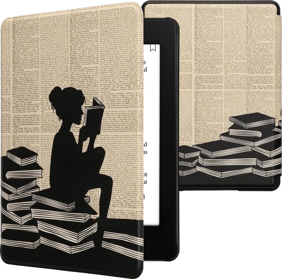 kwmobile e-reader hoesje geschikt voor Amazon Kindle Paperwhite 11. Generation 2021 hoes - E reader flip case met magnetische sluiting - Ereader cover - Meisje met boeken design in zwart / beige
