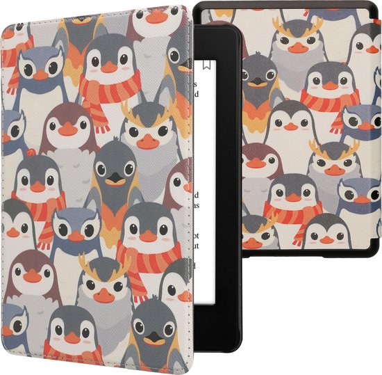 kwmobile e-reader hoesje geschikt voor Amazon Kindle Paperwhite 11. Generation 2021 hoes - E reader flip case met magnetische sluiting - Ereader cover - Pinguïn Ontwerp design in grijs / geel / bruin