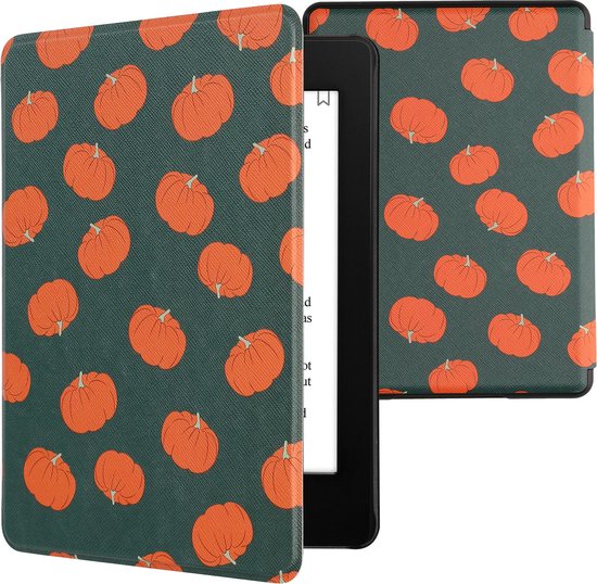 kwmobile e-reader hoesje geschikt voor Amazon Kindle Paperwhite 11. Generation 2021 hoes - E reader flip case met magnetische sluiting - Ereader cover - Pompoentjes design in oranje / groen / lichtgroen van Merkloos