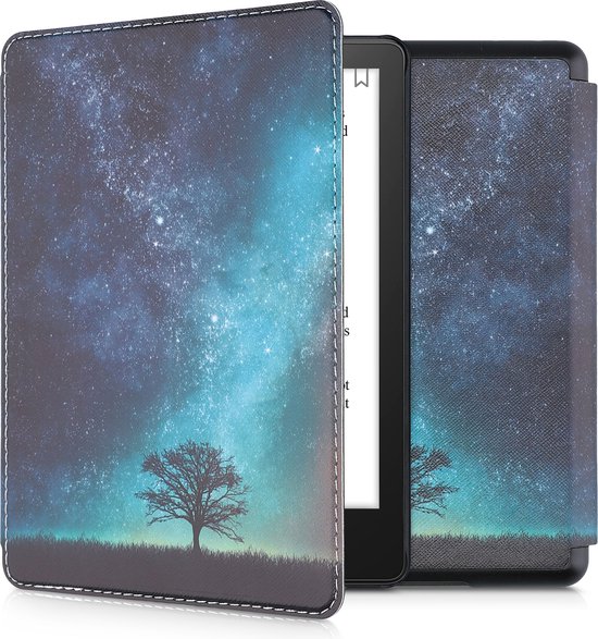 kwmobile e-reader hoesje geschikt voor Amazon Kindle Paperwhite 11. Generation 2021 hoes - E reader flip case met magnetische sluiting - Ereader cover - Sterrenstelsel en Boom design in blauw / grijs / zwart