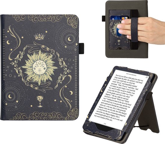kwmobile e-reader hoesje geschikt voor Amazon Kindle Paperwhite 11. Generation 2021 hoes - E reader flip case van kunstleer - Ereader cover met stand - Tarotkaart design in donkerblauw / geel / zwart van Merkloos