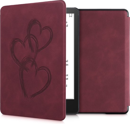 kwmobile e-reader hoesje geschikt voor Amazon Kindle Paperwhite 11. Generation 2021 hoes - Ereader flip case met standaard - Kunstleren e reader cover - Abstract hart design in donkerrood