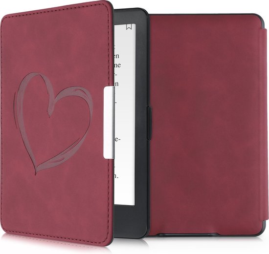 kwmobile e-reader hoesje geschikt voor Amazon Kindle Paperwhite (2012-2017) hoes - Ereader flip case met standaard - Kunstleren e reader cover - Brushed Hart design in donkerrood