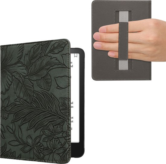 kwmobile e-reader hoesje geschikt voor Amazon Kindle Paperwhite (2024)/Colorsoft hoes - E reader flip case met magneetsluiting - Ereader cover - Bloemen in reliëf design in groen van Merkloos