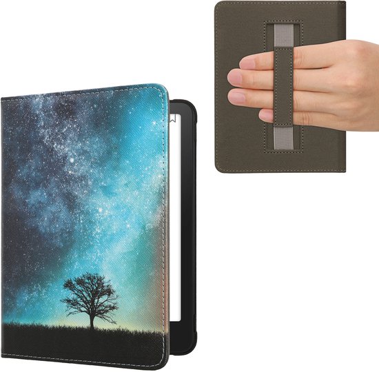 kwmobile e-reader hoesje geschikt voor Amazon Kindle Paperwhite (2024)/Colorsoft hoes - E reader flip case met magneetsluiting - Ereader cover - Sterrenstelsel en Boom design in blauw / grijs / zwart van Merkloos