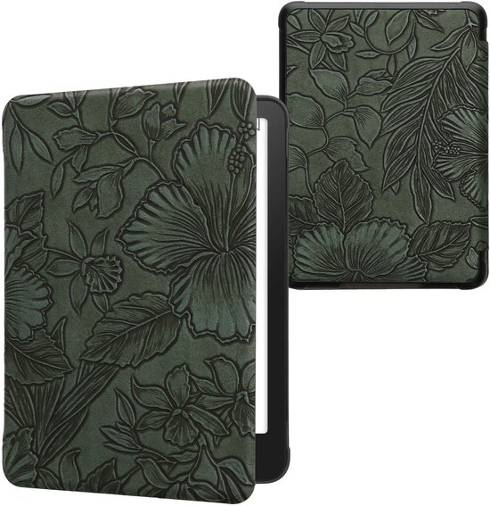 kwmobile e-reader hoesje geschikt voor Amazon Kindle Paperwhite (2024)/Colorsoft hoes - E reader flip case met magnetische sluiting - Ereader cover - Bloemen in reliëf design in groen