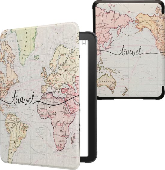 kwmobile e-reader hoesje geschikt voor Amazon Kindle Paperwhite (2024)/Colorsoft hoes - E reader flip case met magnetische sluiting - Ereader cover - Travel Wereldkaart design in zwart / meerkleurig