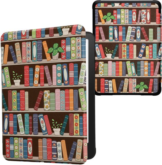 kwmobile e-reader hoesje geschikt voor Amazon Kindle Paperwhite (2024)/Colorsoft hoes - E reader flip case met magnetische sluiting - Ereader cover - Zomerse bibliotheek design in blauw / groen / roze