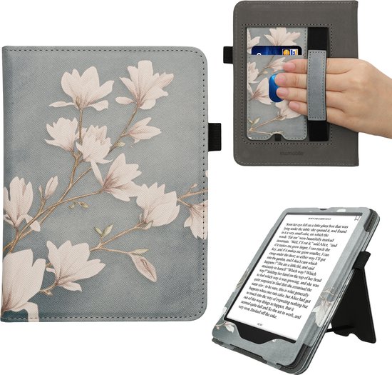 kwmobile e-reader hoesje geschikt voor Amazon Kindle Paperwhite (2024)/Colorsoft hoes - E reader flip case van kunstleer - Ereader cover met stand - Magnolia design in taupe / wit / blauwgrijs van Merkloos