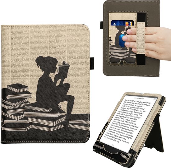 kwmobile e-reader hoesje geschikt voor Amazon Kindle Paperwhite (2024)/Colorsoft hoes - E reader flip case van kunstleer - Ereader cover met stand - Meisje met boeken design in zwart / beige