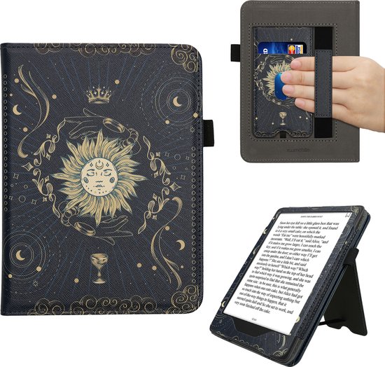 kwmobile e-reader hoesje geschikt voor Amazon Kindle Paperwhite (2024)/Colorsoft hoes - E reader flip case van kunstleer - Ereader cover met stand - Tarotkaart design in donkerblauw / geel / zwart