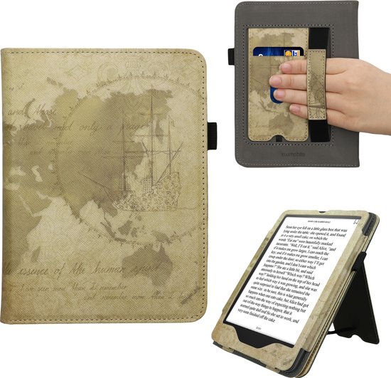 kwmobile e-reader hoesje geschikt voor Amazon Kindle Paperwhite (2024)/Colorsoft hoes - E reader flip case van kunstleer - Ereader cover met stand - Vintage Travel design in bruin / lichtbruin