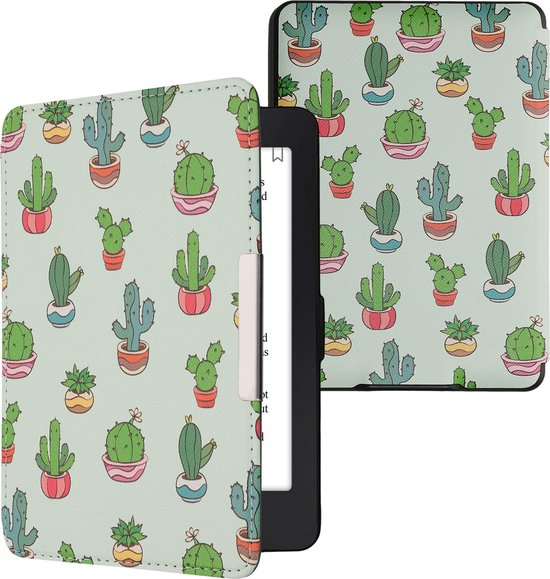 kwmobile e-reader hoesje geschikt voor Amazon Kindle Paperwhite hoes - E reader flip case met magnetische sluiting - Ereader cover - Cactussen design in lichtgroen / donkergroen van Merkloos