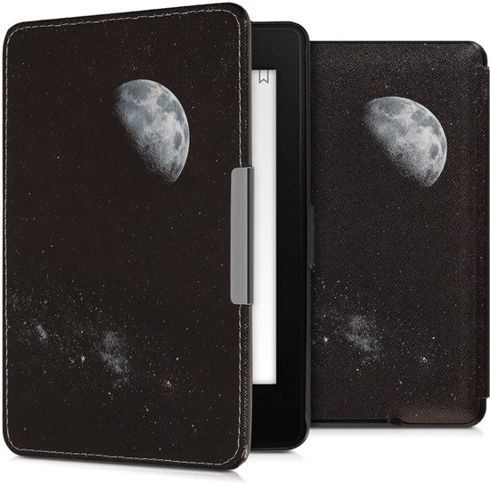 kwmobile e-reader hoesje geschikt voor Amazon Kindle Paperwhite hoes - E reader flip case met magnetische sluiting - Ereader cover - Maan design in lichtgrijs / zwart