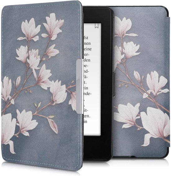 kwmobile e-reader hoesje geschikt voor Amazon Kindle Paperwhite hoes - E reader flip case met magnetische sluiting - Ereader cover - Magnolia design in taupe / wit / blauwgrijs