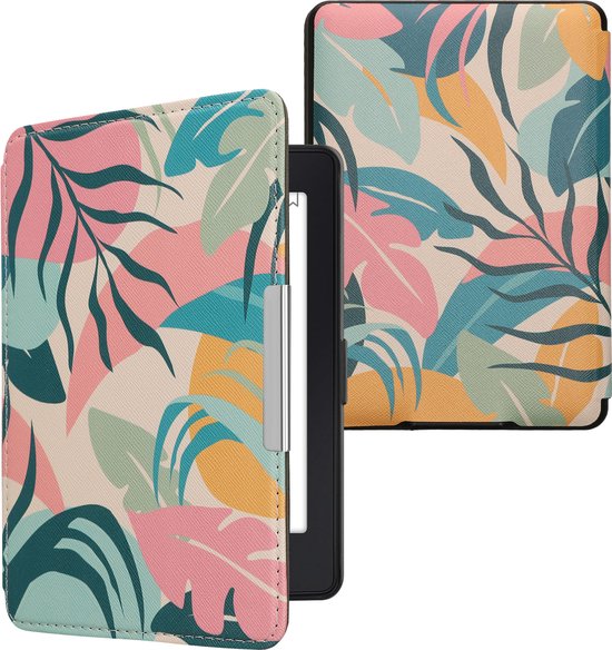kwmobile e-reader hoesje geschikt voor Amazon Kindle Paperwhite hoes - E reader flip case met magnetische sluiting - Ereader cover - Tropische jungle design in poederroze / geel / groen