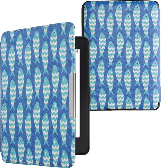 kwmobile e-reader hoesje geschikt voor Amazon Kindle Paperwhite hoes - E reader flip case met magnetische sluiting - Ereader cover - Visjespatroon design in blauw / lichtblauw / wit van Merkloos