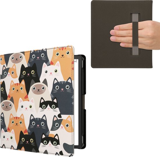 kwmobile e-reader hoesje geschikt voor Amazon Kindle Scribe (2022/2024) hoes - E reader flip case met magneetsluiting - Ereader cover - Katten design in oranje / zwart / wit