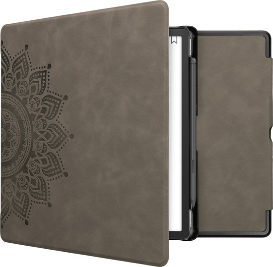 kwmobile e-reader hoesje geschikt voor Amazon Kindle Scribe (2022/2024) hoes - Ereader flip case met standaard - Kunstleren e reader cover - Opkomende Zon design in grijs