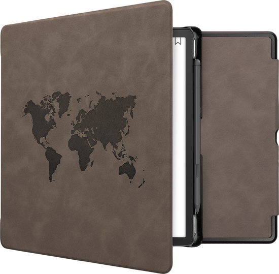 kwmobile e-reader hoesje geschikt voor Amazon Kindle Scribe (2022/2024) hoes - Ereader flip case met standaard - Kunstleren e reader cover - Wereldkaart design in grijs