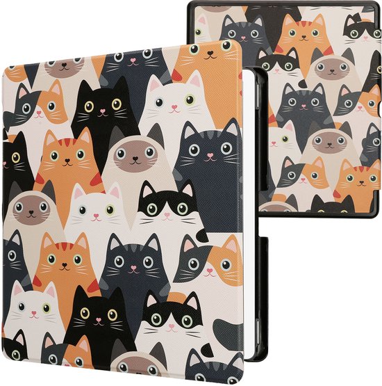 kwmobile e-reader hoesje geschikt voor Amazon Kindle Scribe (2024) hoes - E reader flip case met magnetische sluiting - Ereader cover - Katten design in oranje / zwart / wit